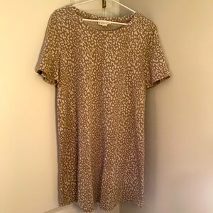 Loveriche Animal Print Pullover A-Line Dress Stretch Short SS Large Tan White